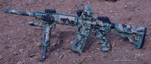 Olympic Arms AR-15 with 16" bull barrel, RRA operator stock, RRA quad rail, AG-43 Grip, T-POD SL, Pmag, EOTech, Magpul MBUS Sights in MARPAT DuraCoat