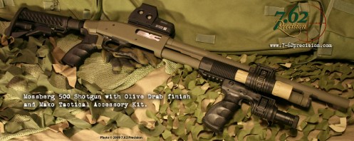 Mossberg 500 in OD and Black with The Mako Group's Tactical Shotgun Upgrade Kit