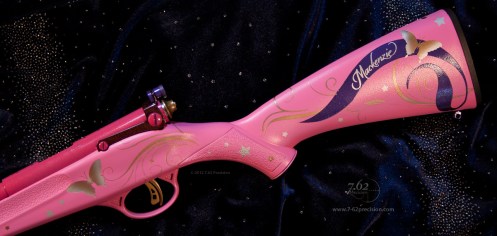 Pink Savage Rascal Rifle purple ribbon with name and butterflies.