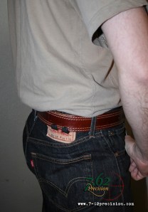 HIWB Holster tucked under t-shirt with 4" XD Service Model pistol.
