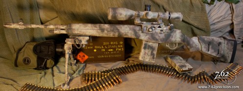 M21 configured M1A with Sadlak Airborne mount, Leupold TMR Mark IV scope, Versapod bipod, Karsten's cheekpiece, and Smith Enterprises Vortex Flash Hider in Rommel's pattern